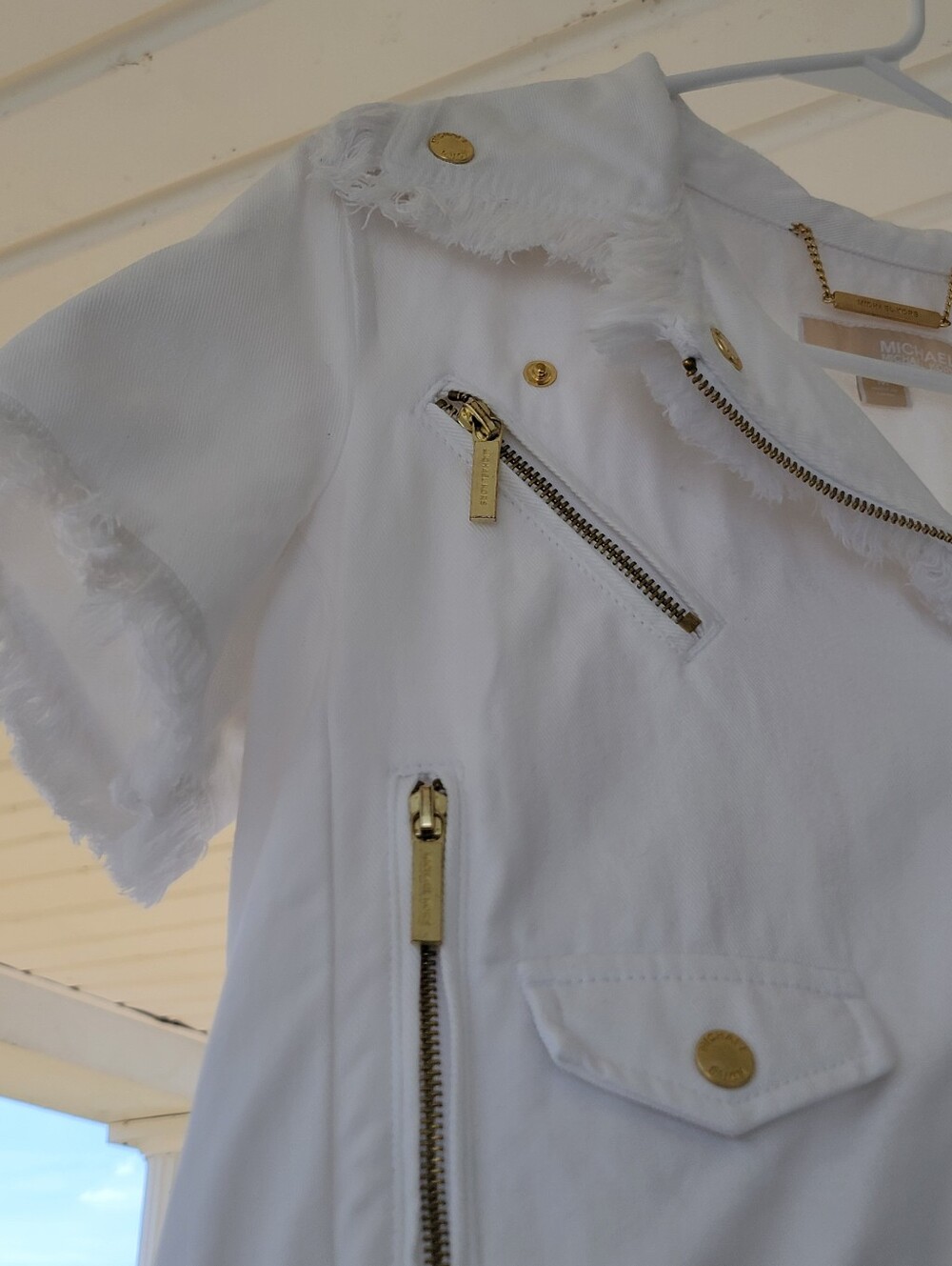 Michael Kors White Short-Sleeve Frayed Moto Denim Jacket Sz M MSRP $175.00 - Picture 9 of 11